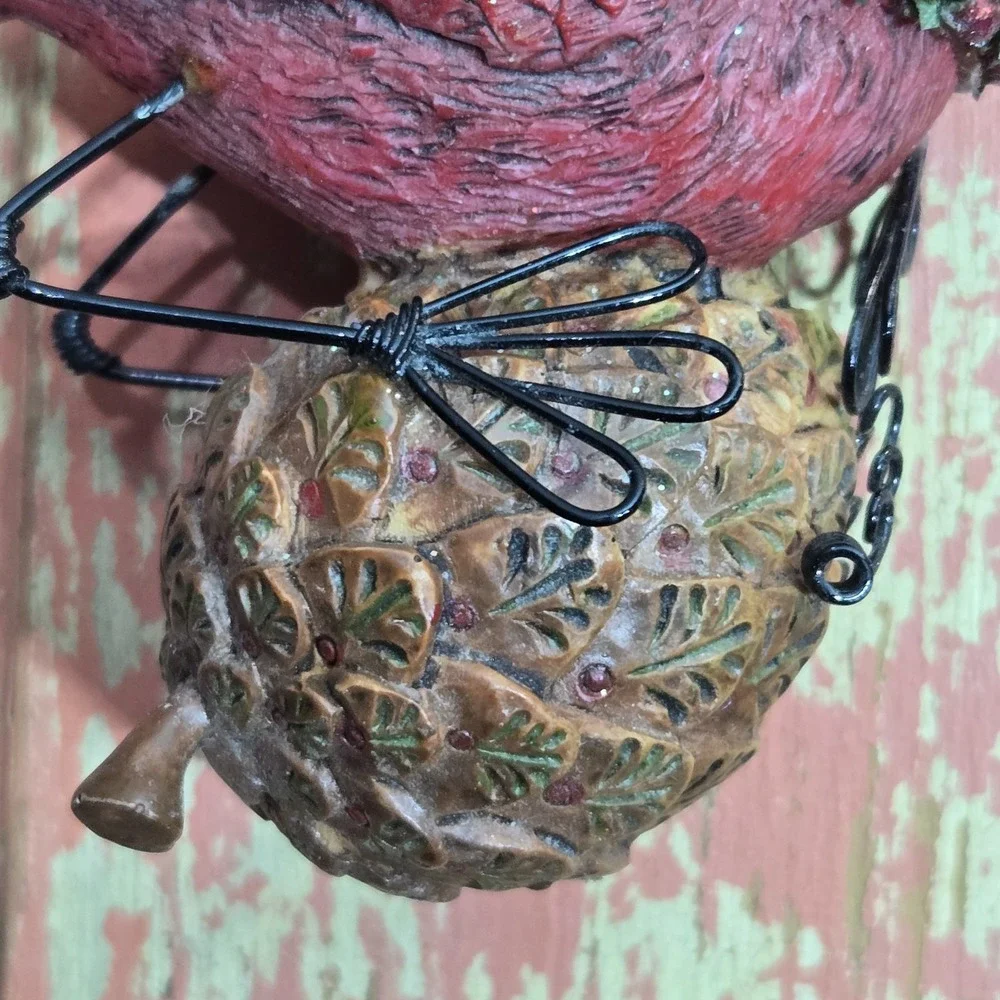 Christmas Cardinal Hanging Ornament ‎ Pinecone Wreath Ribbon Bird Holiday Decor